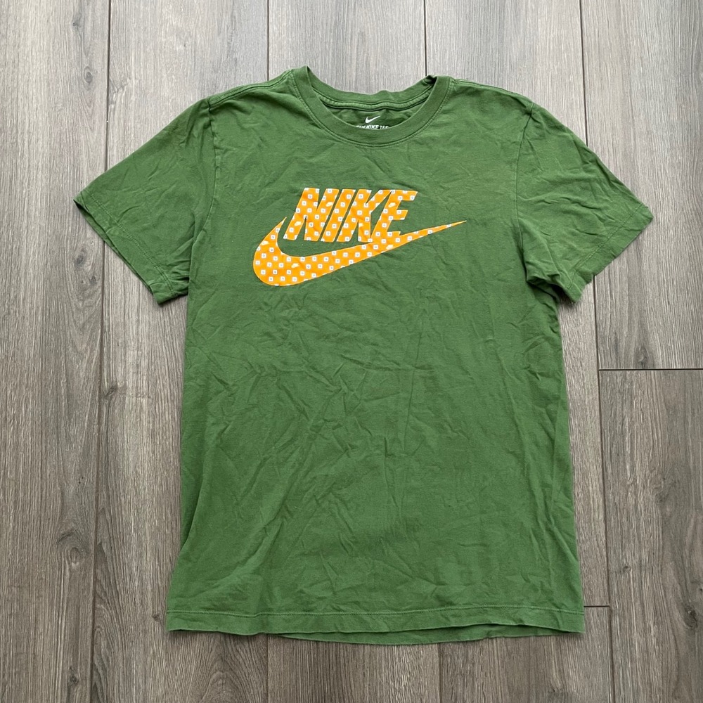 Nike Mens Graphic T-Shirt Small Green Orange Patterned Swoosh Logo Tee RN56323